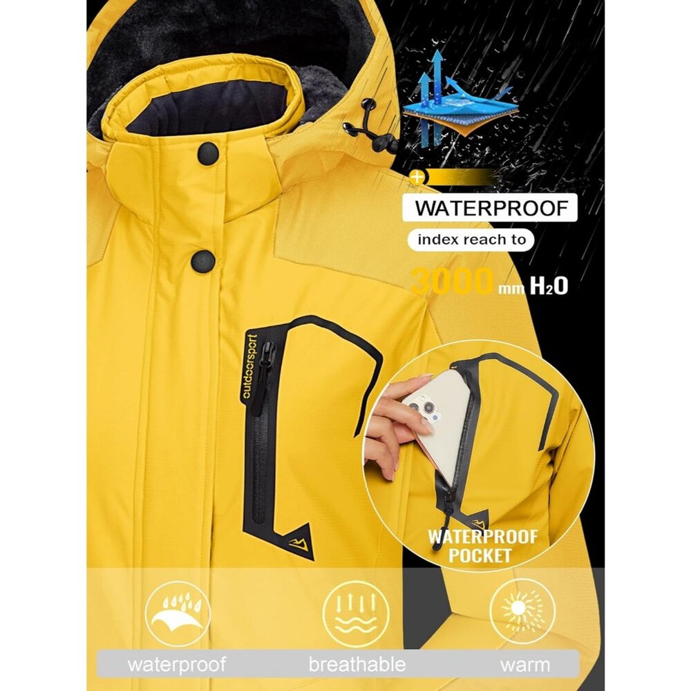 Women's Yellow Windbreaker Waterproof Ski Snow Fleece Hood Jacket Coat Winter - Picture 3 of 7